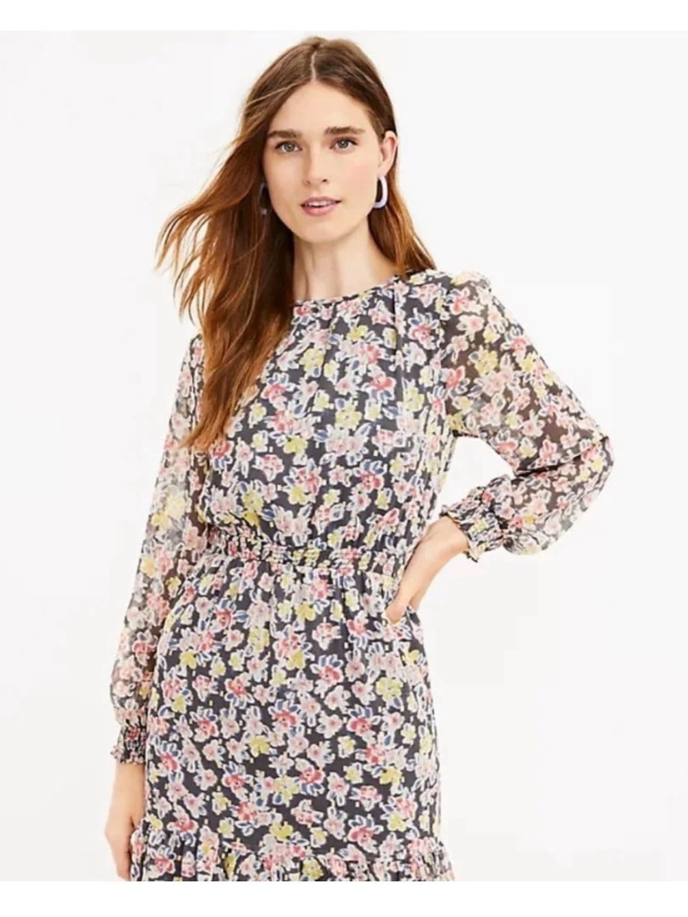 LOFT NWT Shimmer Floral Smocked Flounce Long-Sleeve Dress | Medium